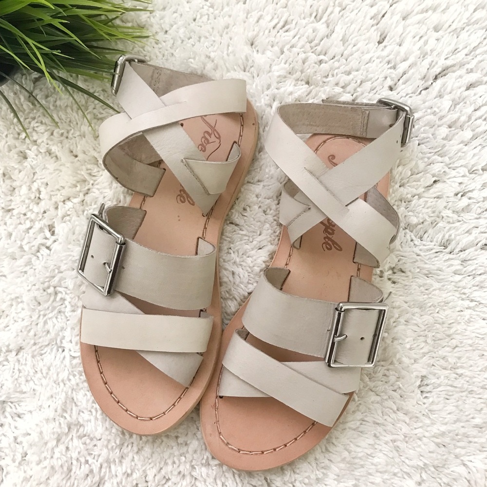 Free people leather flat sandal with buckle, white